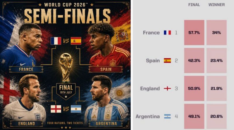 Opta: Siêu máy tính chốt nhà vô địch World Cup 2026 sau khi xác định 4 đội vào bán kết Opta: Siêu máy tính chốt nhà vô địch World Cup 2026 sau khi xác định 4 đội vào bán kết